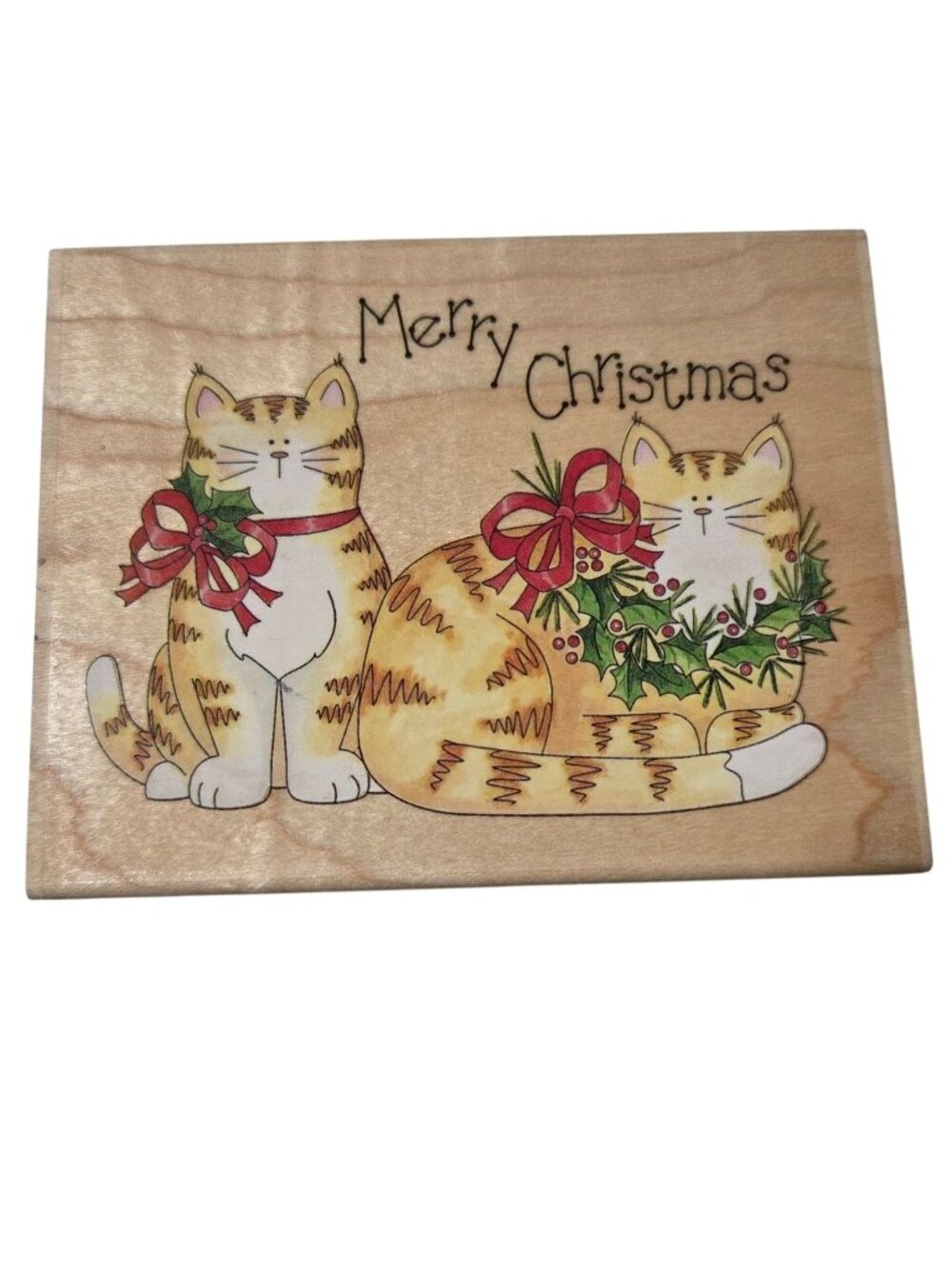 Stamps Happen Merry Christmas Cats Rubber Stamp Wooden Block Made In USA Crafts